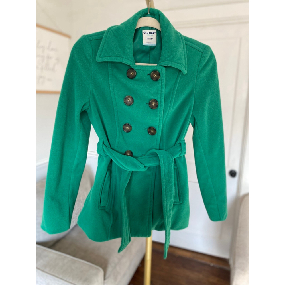 Old Navy Emerald Green Fleece Peacoat Belted Double Breasted Kelly Green Preppy - Picture 2 of 9